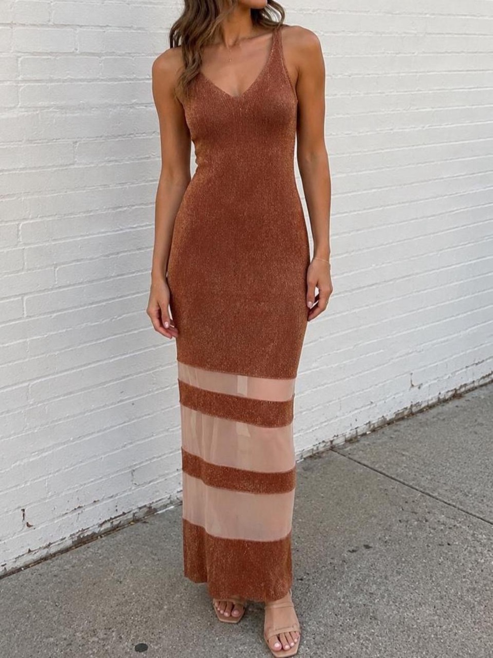 Ted Baker Rust-Brown Sleeveless Maxi Dress with Sheer Stripes